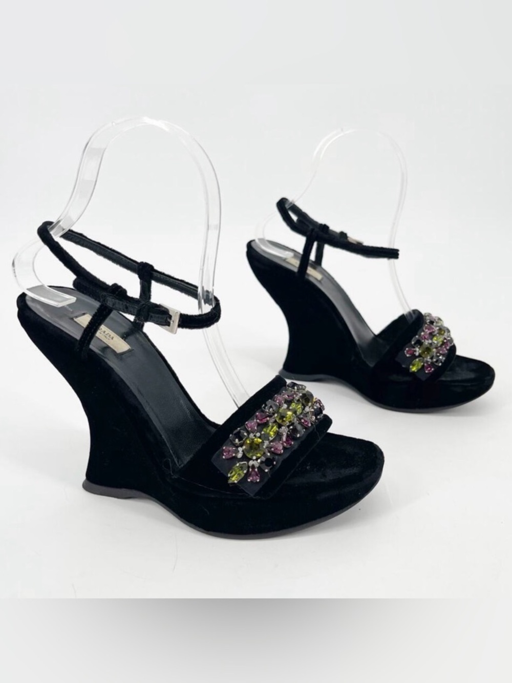 Prada Fall 2004 Runway Black Velvet Crystal Embellished Wedge Sandals IT 37